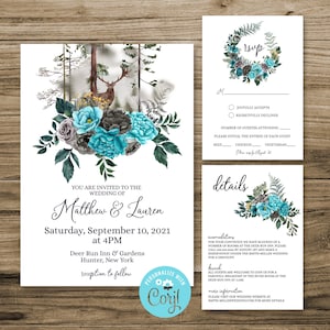 May include: Wedding invitation suite with a rustic theme. The invitation features a deer, trees, and floral accents in teal, gray, and white. Includes RSVP and details cards. The text reads "Matthew & Lauren" and the date.