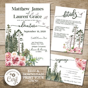 May include: A wedding invitation suite with a woodland theme. The invitation features a watercolor illustration of a forest with pink flowers and the text "Matthew James and Lauren Grace invite you to join them on their next adventure September 19, 2020 Catskill Mountain Resort 300 Wood Drive Hunter, New York 3:00pm Ceremony dinner & dancing to follow". The details card features the same watercolor illustration and the text "A block of rooms have been reserved at the Catskill Mountain Resort at a discounted rate. Please reference the Smith-Miller wedding when making the reservation. Catskill Mountain Resort 300 Wood Drive Hunter, New York 319-580-3560 For more information visit our wedding website www.mywedding.com/matthewandlauren". The response card features the same watercolor illustration and the text "response M Accepts with pleasure Declines with regret Prime Rib Roasted Chicken Standard Salmon Vegetarian Lasagna Please kindly respond by August 1, 2020".