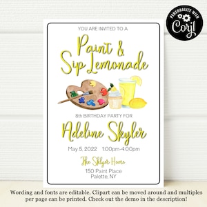 Paint Sip Lemonade Invitation Template, Paint Birthday Party Invite, Paint Party, Birthday Invitation Template, Kids Birthday Party Invite