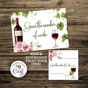 May include: Printable game card with a watercolor illustration of a bottle of wine, a glass of wine, and pink flowers. The text on the card says "Guess the number of corks".