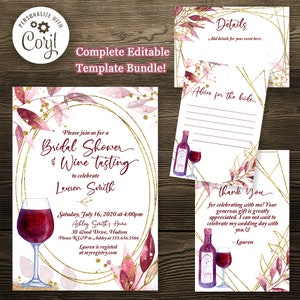 Wine Bridal Shower Invitation Bundle Template, Wine Tasting Bridal Shower, Bridal Shower Bundle Set, Bridal Shower Digital Download, Wine