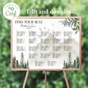 Tabella dei posti a sedere del matrimonio nella foresta, segno di nozze rustico, matrimonio in montagna, alberi, segno di posti a sedere, naturale, selvaggio, bosco, matrimonio