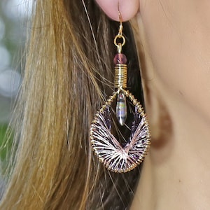 Gold and Rose gold colored wire earrings, Peruvian wire earrings, Statement long earrings, Elegant earrings, Coiled drop earrings