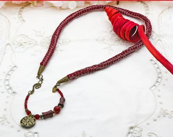 Long Necklace for woman, Red necklace for her, Beautiful rope necklace, Handmade Pendant necklace for wife, Best idea women gift for her