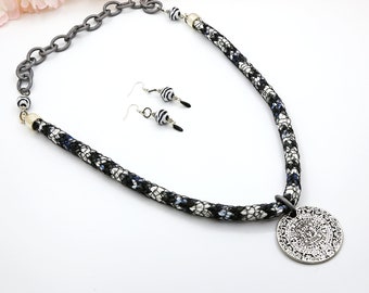 Gift for women's day, Statement jewelry, Black and white necklace and earrings, Silver engraved pendant, Beautiful Boho ethnic jewelry