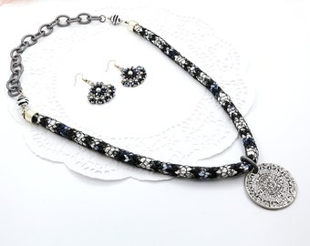 Silver pendant jewelry set, Black white necklace and earrings, Long boho jewelry, Ethnic jewelry women's day gift, Beautiful present for Mom