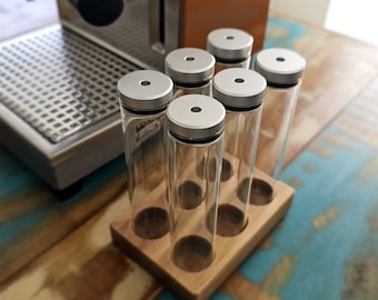 Walnut stand or caddy for 20-24g Coffee Beans Storage / Tube / Cellar / Vial / Vault - Single Dosing with one way valve