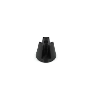 May include: A black, 3D-printed phone stand. The stand has a conical base with three triangular supports and a central vertical support. The stand is designed to hold a phone upright. The stand is made of a matte black material.