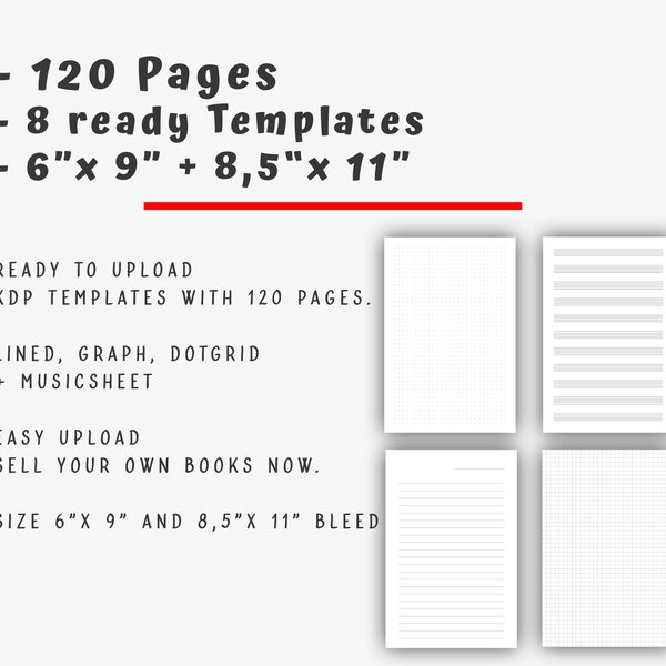 8 x 120 Pages 6"x 9" and 8,5" x 11" Templates for KDP - No Content Templates Ready - Kindle Direct Publishing, Book Interior - STARTERSET