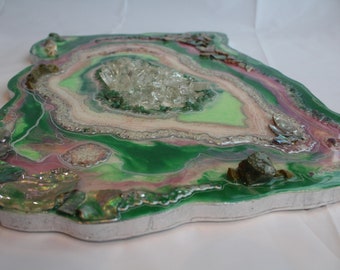 Mint Green Epoxy Resin Crystal Geode, with real Green Opal, Quartz, Selenite, Green Aventurine, Fluorite, Agate, Glass and Mirror Pieces