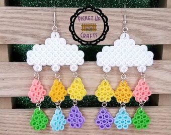 Colorful Cloud with Pastel Rainbow Raindrops Pride Dangle Earrings