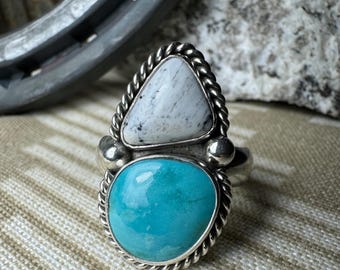 Size 11.5 Sterling Silver, Turquoise and White Buffalo  2 stone ring