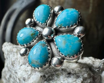 Huge Vintage Sterling Silver and Kingman TURQUOISE Cluster RING, Size 7 ...