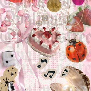 May include: A collage featuring a heart-shaped cake with strawberries, a ladybug, musical notes, a perfume bottle, a dice, a gold pendant, and a pearl in an oyster shell. Pink and white elements dominate the design, with a background of pearls and flower petals.