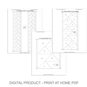 Puede incluir: Tres patrones PDF imprimibles para hacer bloques de colcha de gansos voladores. Los patrones son para bloques de 1,5 pulgadas, 3,5 pulgadas y 5,5 pulgadas de ancho. Cada patrón incluye líneas numeradas y un bloque de prueba "1".