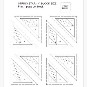 Puede incluir: Un papel impreso en blanco y negro con instrucciones para un bloque de edredón String Star. El texto dice "STRING STAR - 4" BLOCK SIZE" y "Print 1 page per block." El diseño incluye cuatro patrones de bloques, cada uno de 10,16 cm.