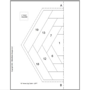 Könnte beinhalten: Ein Diagramm für einen 25 cm Hexie Log Cabin Quiltblock, mit einem geometrischen Design und nummerierten Abschnitten. Enthält ein 2,5 cm Testquadrat und den Text "Copyright 2022 - MittenMade Designs LLC".