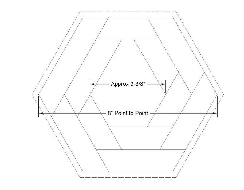 May include: Diagram of a hexagonal quilt block pattern with measurements. The block is 8 inches point to point and the inner opening is approximately 3-3/8 inches.