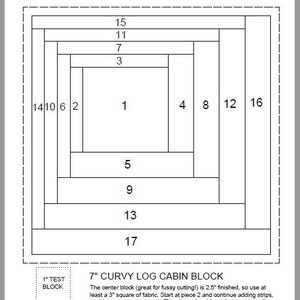 May include: Diagram of a 7-inch curvy log cabin quilt block with 17 numbered squares. The centre block is 2.5 inches finished. The text reads "7" CURVY LOG CABIN BLOCK. The centre block (great for fussy cutting!) is 2.5" finished, so use at least a 3" square of fabric. Start at piece 2 and continue adding strips, working your way outward. The alternating thin and wide strips will create a "curvy" look to the finished quilt. Copyright 2022 - MittenMade Designs LLC