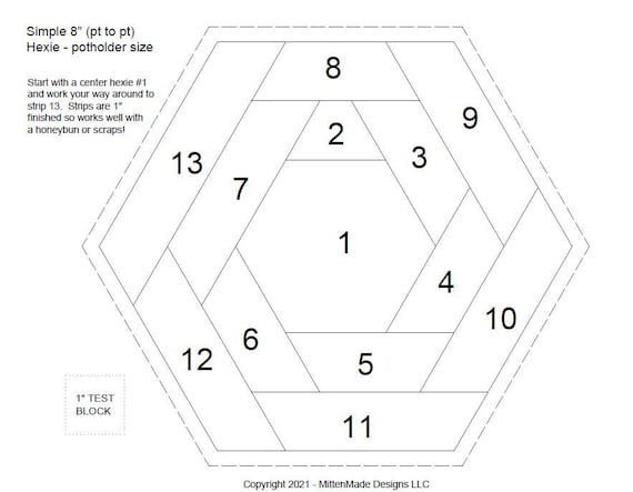 FPP - Print Your Own - 4" HEXIE Log Cabin Block (8" Point to Point)  - Foundation Paper Piecing