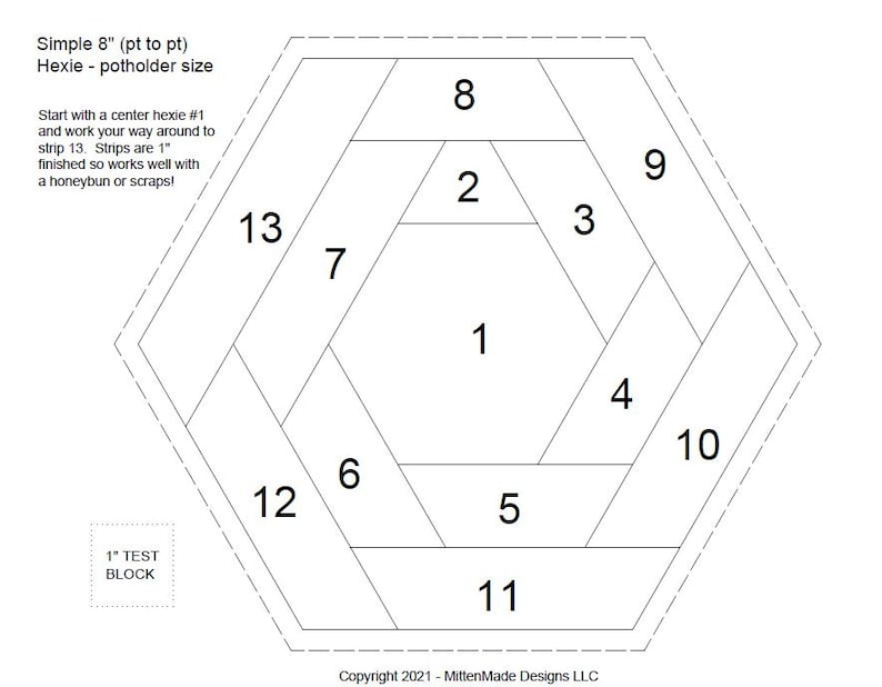 May include: A black and white diagram showing how to sew an 8-inch hexie potholder. The diagram shows 13 hexagons numbered 1 through 13. The text "Simple 8" (pt to pt) Hexie - potholder size" is at the top of the diagram. The text "Start with a center hexie #1 and work your way around to strip 13. Strips are 1" finished so works well with a honeybun or scraps!" is below the diagram. The text "1" TEST BLOCK" is in the lower left corner of the diagram.