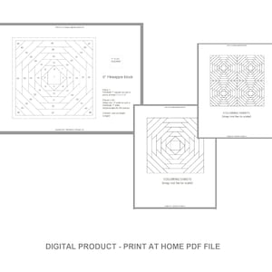 May include: Black and white printable PDF pattern for a 6-inch pineapple quilt block. The pattern includes a diagram with numbered pieces and a coloring sheet.