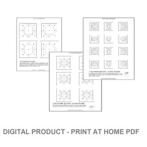 Könnte beinhalten: Mehrere weiße Papierbögen mit gedruckten Diagrammen zum Quilten. Die Diagramme zeigen geometrische Formen und Zahlen. Der Text "ECONOMY BLOCKS" und "EXTRA ROUND" ist sichtbar. Der untere Teil des Bildes lautet "DIGITAL PRODUCT - PRINT AT HOME PDF".