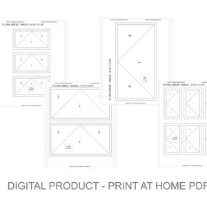 Pode incluir: Produto digital PDF branco com diagramas para blocos de colcha "Flying Geese". Os diagramas mostram formas numeradas e dimensões. O texto na parte inferior diz "DIGITAL PRODUCT - PRINT AT HOME PDF".