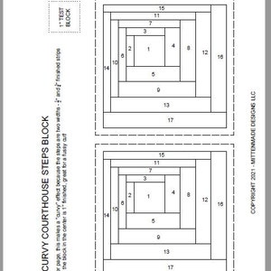 May include: A black and white diagram showing the steps for making a 4-inch "Curvy Courthouse" quilt block. The diagram includes measurements in inches and the text "1" TEST BLOCK" and "COPYRIGHT 2021 - MITTENMADE DESIGNS LLC".