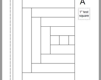 May include: A black and white diagram of a quilt block pattern called "Courthouse Steps - Narrow". The pattern is made up of a series of rectangles and squares, with the largest square in the center. The diagram includes the text "B-Narrow", "A-Narrow", "9" Courthouse Steps - Narrow", "A", and "1" test square".
