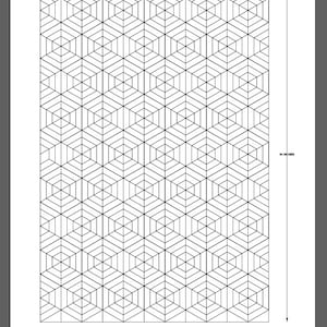 Puede incluir: Hoja para colorear en blanco y negro con un diseño geométrico de telaraña. El diseño está compuesto por hexágonos interconectados. La hoja mide aproximadamente 146 cm de ancho y 112 cm de alto. El texto en la parte inferior dice "Six Inch Hexagon #1 - 'Spiderweb' Coloring Sheet - Plan Your Pattern!"
