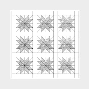 May include: A square quilt pattern featuring a grid of nine blocks, each containing a central eight-pointed star with a stippled texture. The stars are separated by thin white sashing strips and framed by a solid white border.
