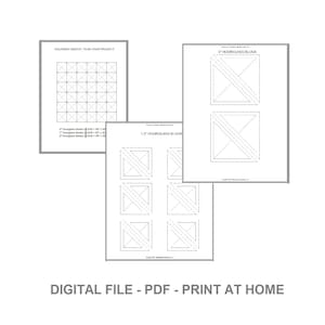 May include: Printable colouring sheets for a mosaic project. The sheets include a grid with 36 squares and two different hourglass block designs. The hourglass blocks are 1.5 inches and 3 inches in size.