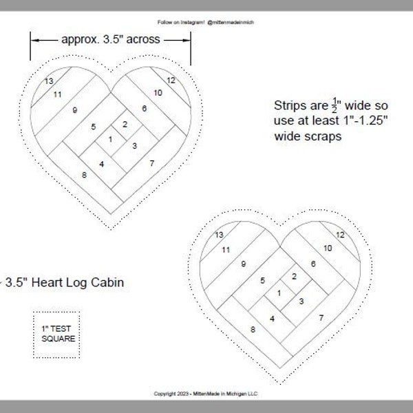 FPP - Print Your Own - 6 Sizes! - Heart Log Cabin - Mug Rugs, Pillows - Foundation Paper Piecing PDF - Valentines Day crafting!