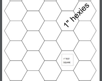 May include: A white paper sheet with a grid of connected hexagons. The text "1" hexies" is printed diagonally across the top right. A small square with the text "1" TEST SQUARE" is in the center. Copyright information is at the bottom.
