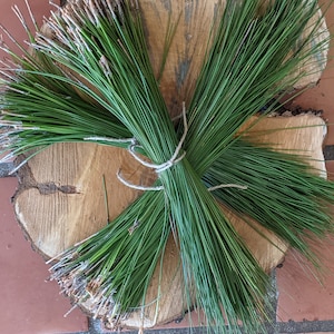 Puede incluir: Un manojo de agujas de pino verdes frescas atadas con hilo, dispuestas sobre una rodaja de madera rústica. Las agujas son de un verde vibrante, contrastando con la madera marrón claro. El conjunto se presenta sobre un fondo de baldosas cuadradas de color marrón rojizo.