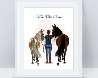 Portrait cavalière et cheval personnalisé - Horse Back Rider - Portrait de cheval - Cadeau cavalier - Equitation - idée cadeau cavalière