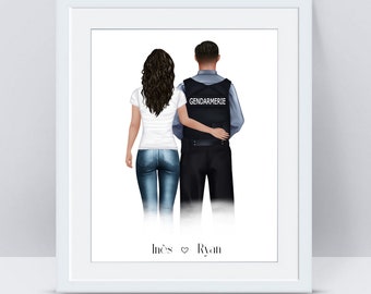 Portrait personnalisé couple gendarme   - Cadeau pour gendarme - Cadeau pour homme gendarmerie - tableau personnalisé