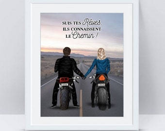 Cadeau fan de Moto personnalisée, Cadeau pour motard, Cadeau de couple, Portrait Personnalisé, Affiche moto