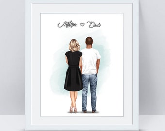 Affiche de couple - portrait personnalisé - Cadeau Saint Valentin - Illustration de couple
