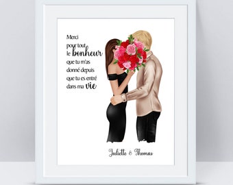 Affiche de Couple - Cadeau St Valentin -  Candeau anniversaire couple - Portrait personnalisé - Saint Valentin