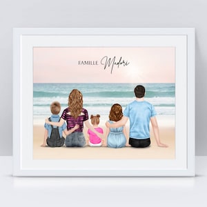 Affiche de famille personnalisée à la plage - Portrait famille personnalisé - Illustration famille couple
