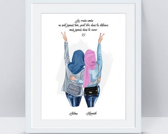 Cadeau amie musulmane, cadeau femme musulmane - portrait personnalisé - Hijabi - Cadeau Ramadan - art islamique- Aid Kebir