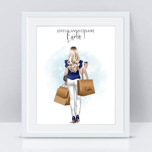 Cadeau amie personnalisé - portrait affiche personnalisé pour les fans de shopping - Cadeau d'anniversaire original