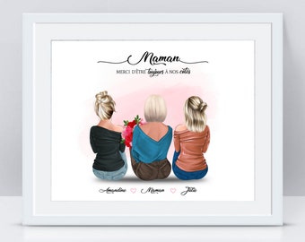 Portrait personnalisé Mère et Filles - Fête des mères - Illustration personnalisée famille - cadeau fête des mères