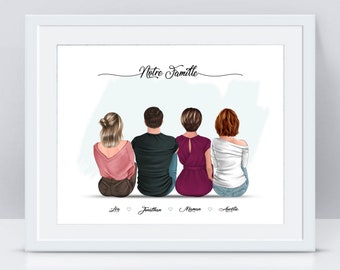 Portrait de famille personnalisé - Illustration mère et grands enfants - cadeau fête des mères