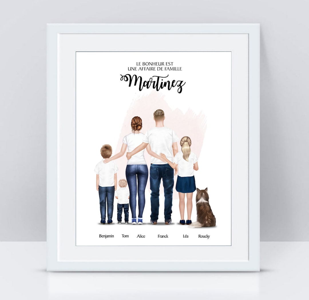 Portrait de famille avec animal tableau de famille personnalisé avec prénom  affiche famille de dos -  France