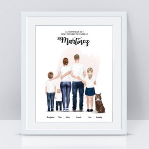 Family portrait with animal - personalized family painting with first name - family poster from the back