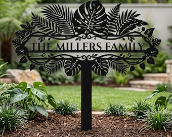 Personalized Metal Garden Stake, Custom Monstera Tropical Family Sign