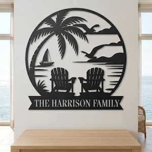 Personalized Beach House Metal Sign, Palm Tree Family Name Decor